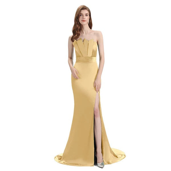 Champagne Mermaid Sexy High Slit Burnt Brown Satin Long Bridesmaid Dresses, WGM012