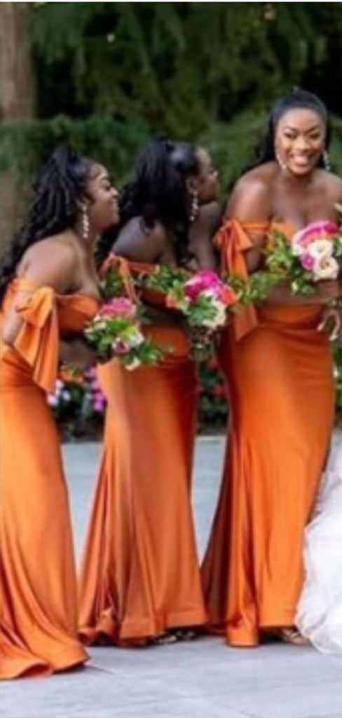 Simple Burnt Orange Mermaid Off Shoulder Side Slit Popular Cheap Maxi Long Wedding Guest Bridesmaid Dresses,WGM258