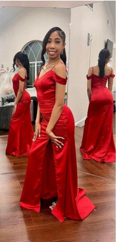 Mismatched Red Mermaid Side Slit Popular Cheap Maxi Long Wedding Guest Bridesmaid Dresses,WGM260