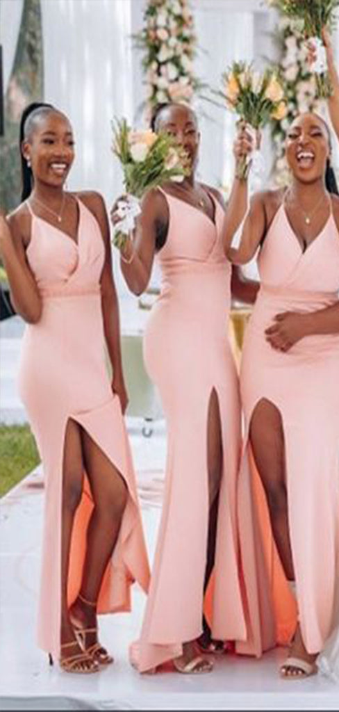 Sexy Pink Mermaid Spaghetti Straps V Neck Side Slit Popular Cheap Maxi Long Wedding Guest Bridesmaid Dresses,WGM261