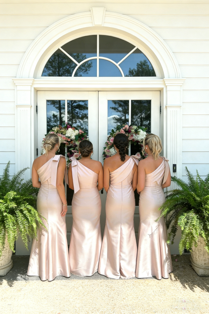 Classy Champagne One Shoulder Satin Bridesmaid Dress with Bow Knot,WGM474