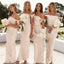 Modern Champagne Off the Shoulder Satin Bridesmaid Gown with Unique Side Tie Sleeves,WGM475