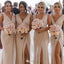 Elegant Beige V-Neck Sleeveless Mermaid Side Slit Long Bridesmaid Dresses Online,WGM434