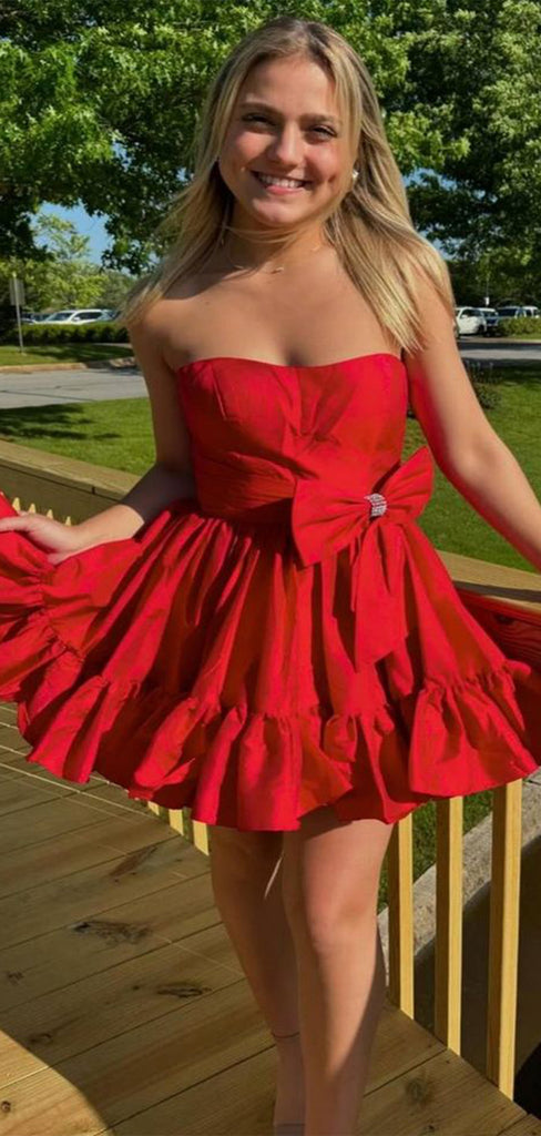 Elegant Red Strapless Sleeveless Ruffle Cheap Short Homecoming Dresses, EPT161