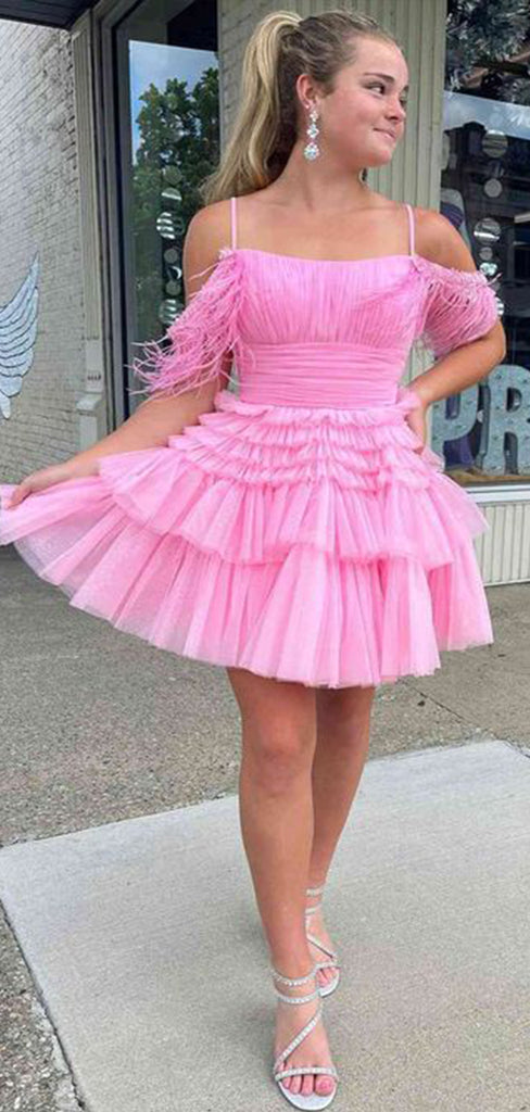 Elegant Pink Spaghetti Straps Sleeveless Ruffle Cheap Short Homecoming Dresses, EPT168