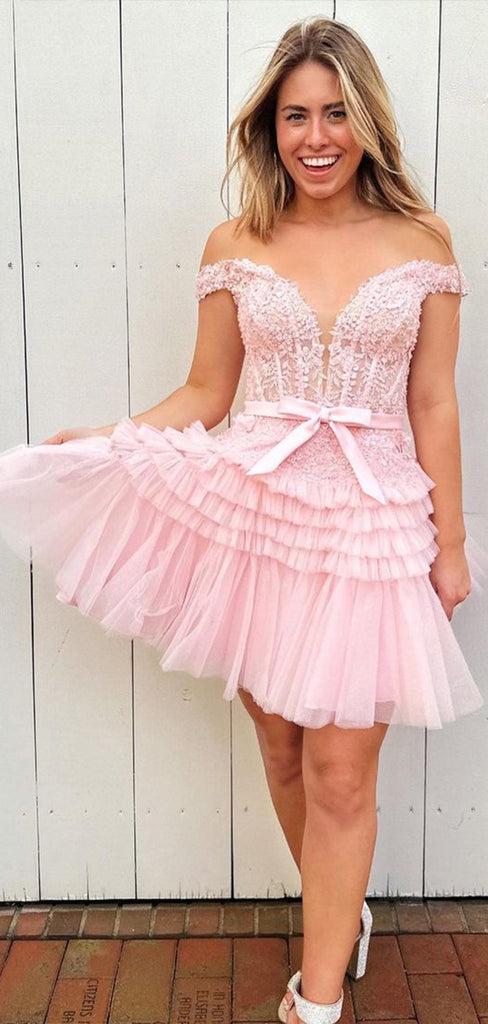 Gorgeous Pink Off Shoulder Sleeveless Applique Ruffle Cheap Short Homecoming Dresses, EPT185