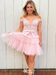 Gorgeous Pink Off Shoulder Sleeveless Applique Ruffle Cheap Short Homecoming Dresses, EPT185