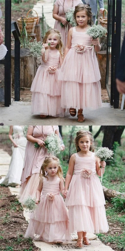 Cute Square Neck Pink Tulle Long Cheap Flower Girl Dresses with Handmade Flower, Wedding Flower Girl Dresses, FGD020