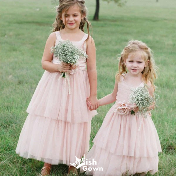 Cute Square Neck Pink Tulle Long Cheap Flower Girl Dresses with Handmade Flower, Wedding Flower Girl Dresses, FGD020