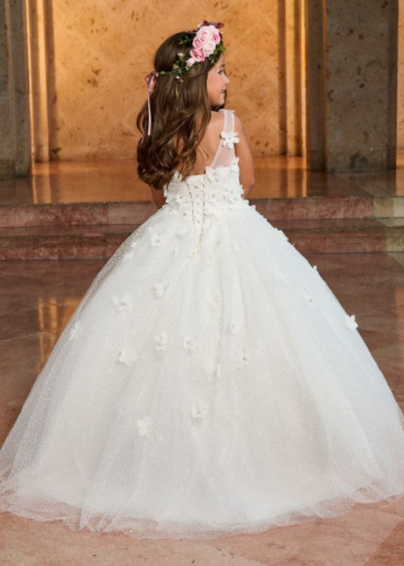 Floral Tulle Round Neck Sleeveless Applique Little Long Flower Girl Dresses, Wedding Flower Girl Dresses, FGD031