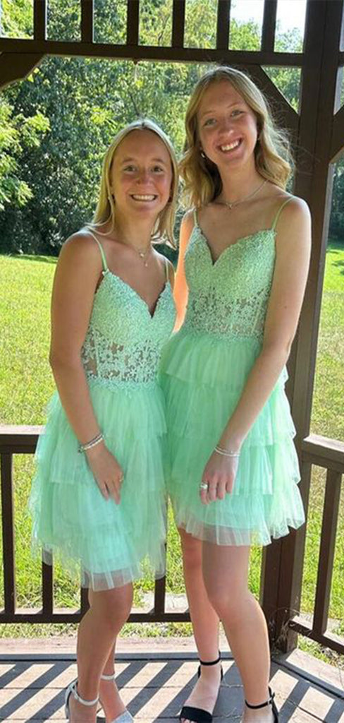 Gorgeous Mint Green A-Line Spaghetti Straps V Neck Applique Ruffle Short Homecoming Dresses, EPT130