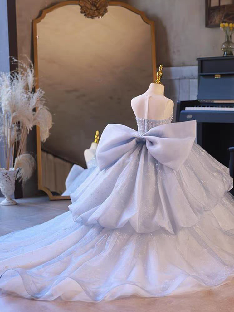 Sparkly Blue Sweetheart Sleeveless Floral Long A-Line Flower Girl Dress, FG027