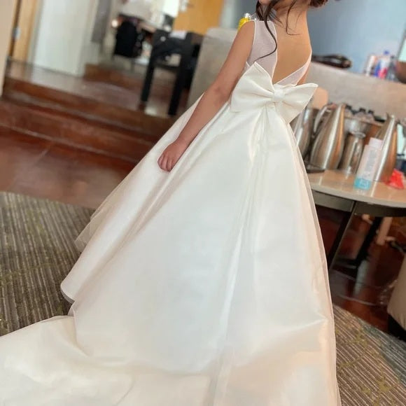 Cute White Jewel Sleeveless Floral Long A-Line Flower Girl Dress,FG028