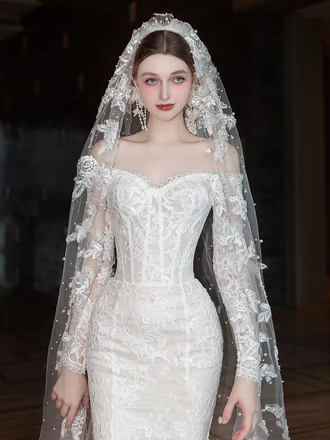 Elegant White Long Sleeve Mermaid Long Wedding Dresses With Sweep Trailing ,WDH171