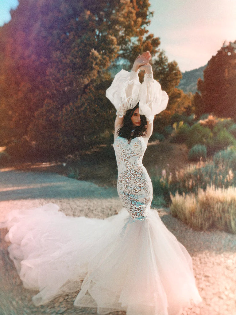 Elegant White Spaghetti Strap Lace Mermaid Long Wedding Dresses With Sweep Trailing,WDH180