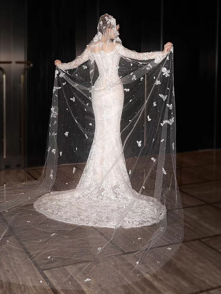 Elegant White Long Sleeve Mermaid Long Wedding Dresses With Sweep Trailing ,WDH171