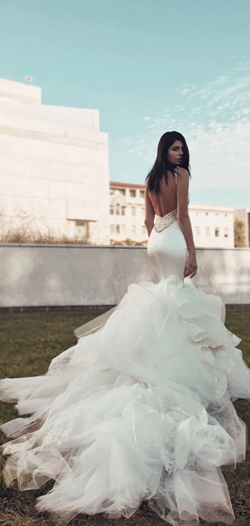 Elegant White Spaghetti Strap Mermaid Long Wedding Dresses With Sweep Trailing,WDH181