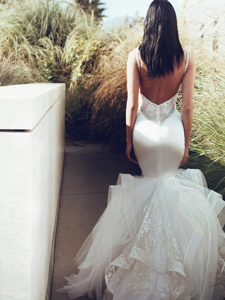 Elegant White Spaghetti Strap Mermaid Long Wedding Dresses With Sweep Trailing,WDH181