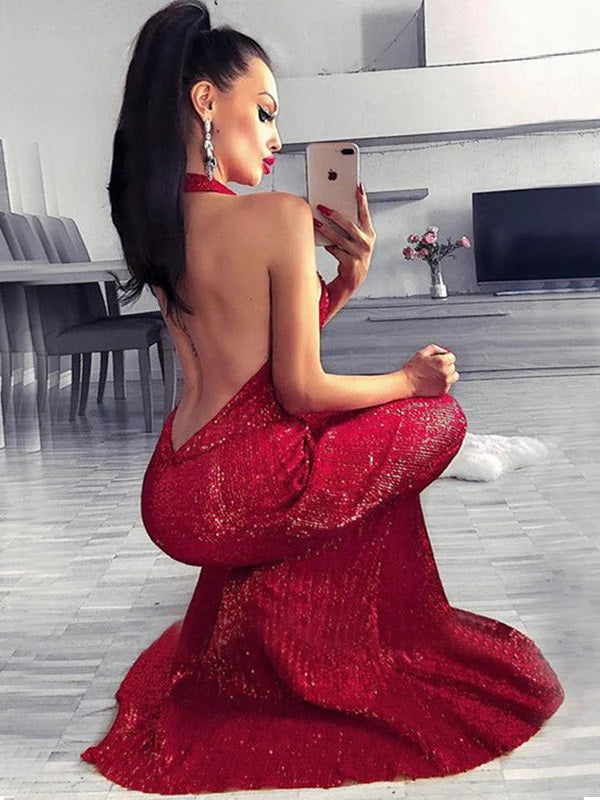 Sexy Red Mermaid Sequin Backless Maxi Long Party Prom Dresses,WGP286