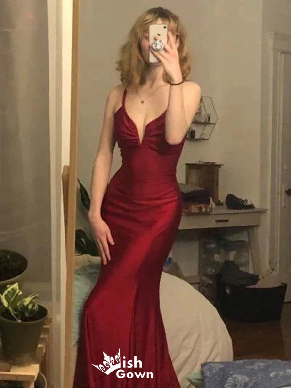 Sexy Mermaid Red Spaghetti Straps V-neck  Maxi Long Party Prom Dresses,Evening Dresses,WGP290