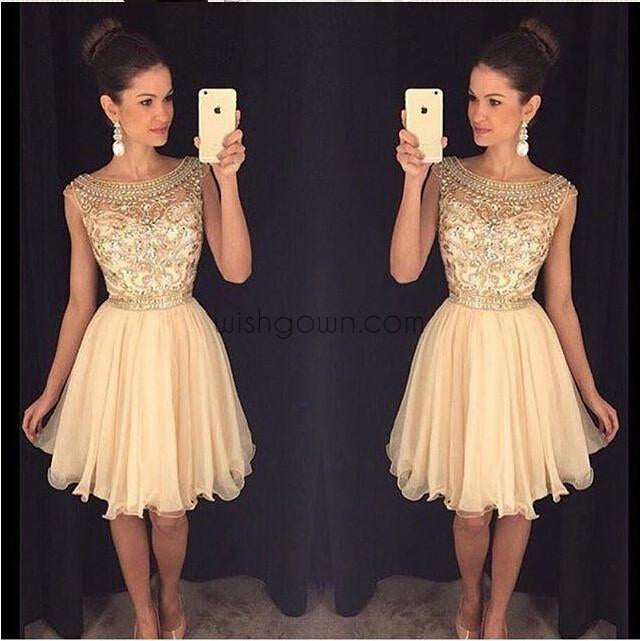 Junior Cute Beaded See through Sexy Graduation homecoming prom dresses, CM0011