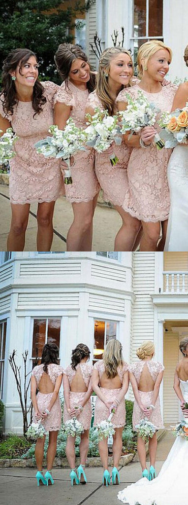 Fashion Cap Sleeve Open Back Small Round Neck Short Lace Blush Pink Mini Cheap Bridesmaid Dresses, WG116 - Wish Gown