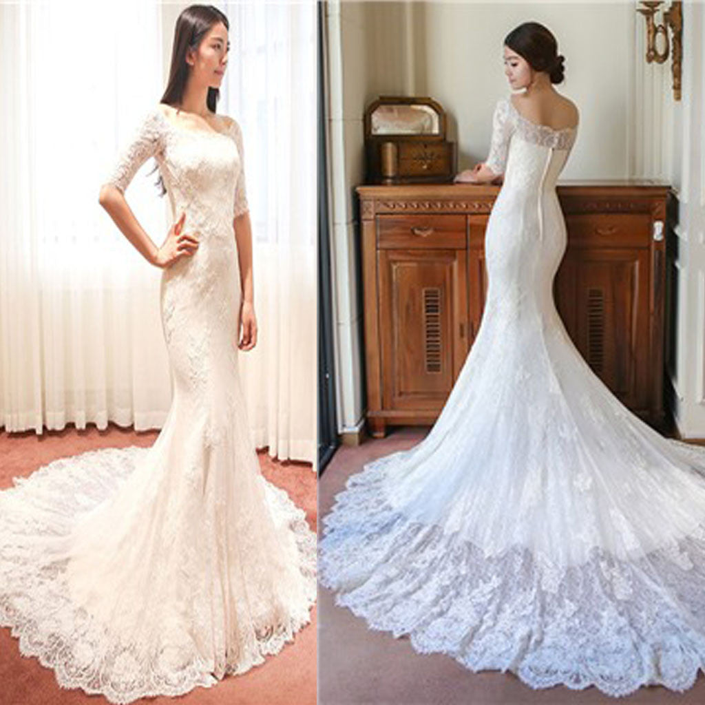 Gorgeous Off Shoulder Half Sleeve Popular Mermaid Wedding Dresses, WD0144 - Wish Gown