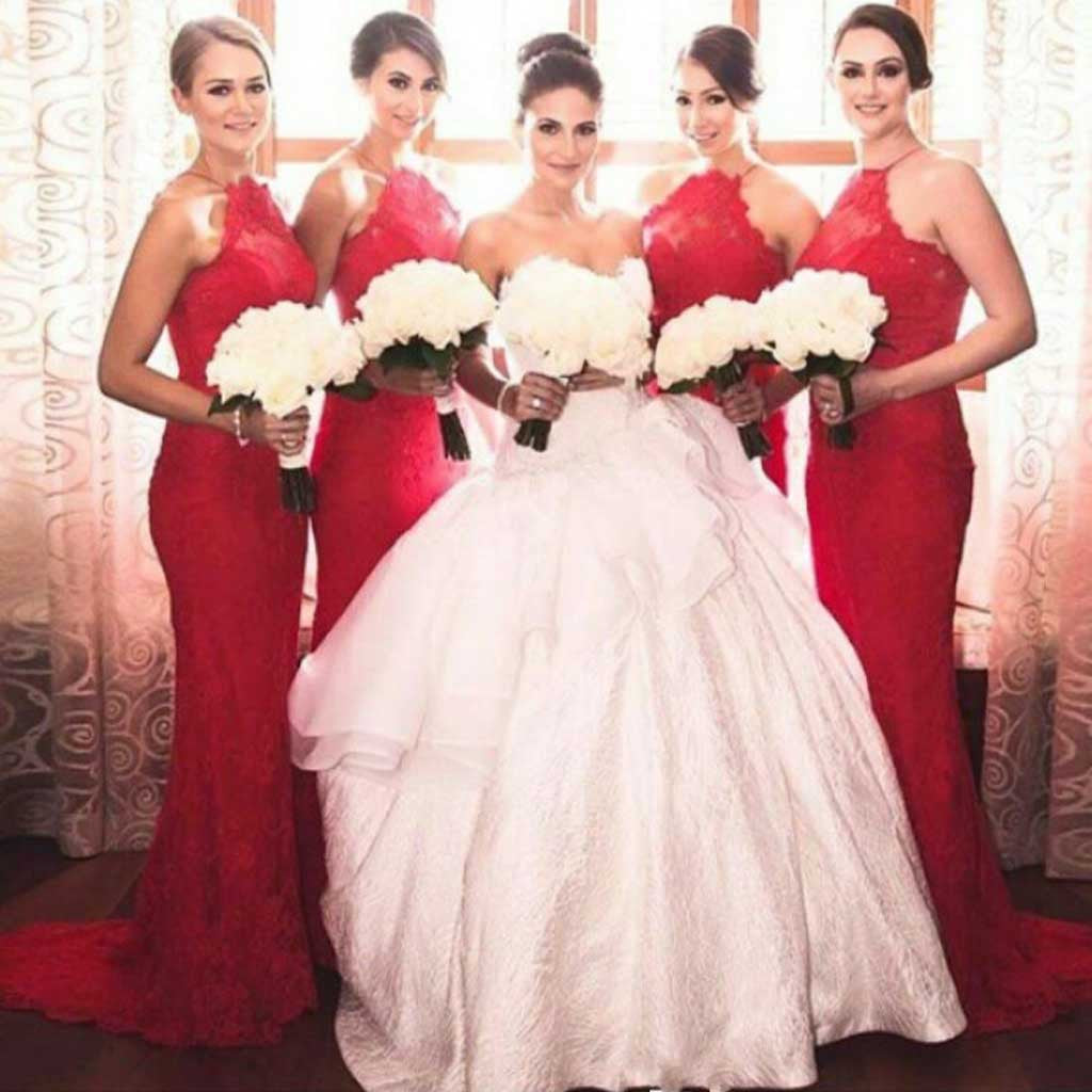 Charming Popular Red Halter Sexy Mermaid Lace Long Wedding Guest Bridesmaid Dresses, WG152 - Wish Gown