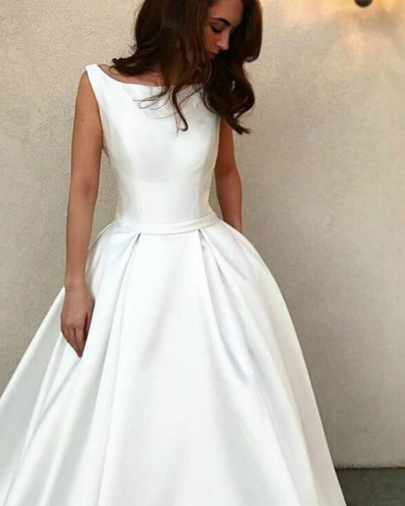 Simple White Sleeveless Long Wedding Dress WDH056