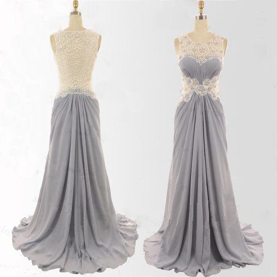 Charming Gray Ivory Formal Maxi Cheap Sleeveless Elegant Long Prom Dresses, WG222 - Wish Gown