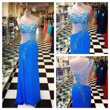 New Arrival Unique Design One Shoulder Side Split Blue Sexy Long Prom Dresses, WG252