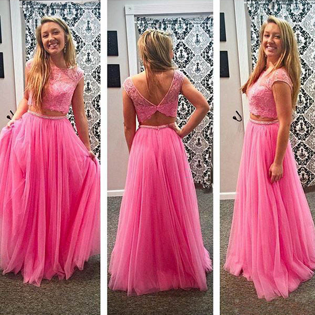 Junior Pretty Two Pieces Lace Pink Tulle Open Back Formal Cheap Long Prom Dresses, WG256