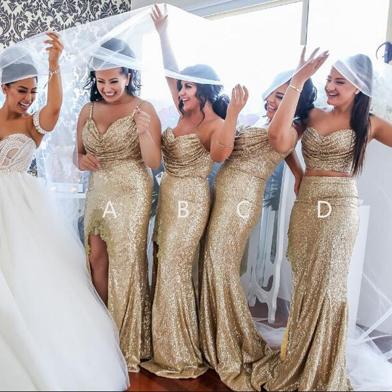 Sequin Mismatched Long Split Wedding Bridesmaid Dresses, WG381