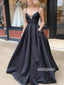 Simple Black Spaghetti Strap Stain Long Prom Dresses PG1202