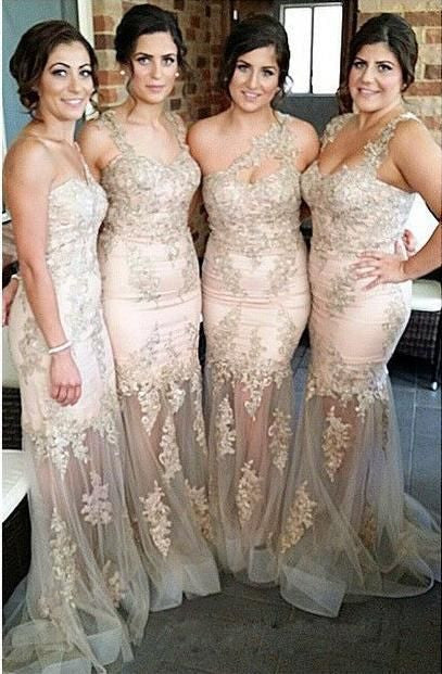 Mismatched Lace Applique Mermaid Sexy Long Bridesmaid Dresses, WG408