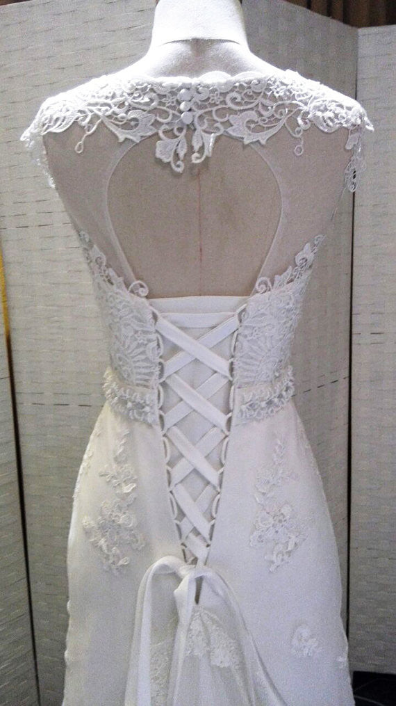 Charming Unique Open Back Lace Up Cap Sleeve Lace Beaded Long Wedding Dresses, WG617 - Wish Gown