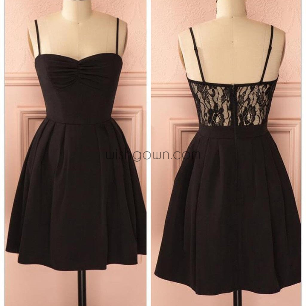 Spaghetti strap black simple lace cheap sexy homecoming prom dress,BD0067