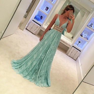 Blue Lace V Neck Sexy Charming 2017 Long Prom Dresses, WG745 - Wish Gown
