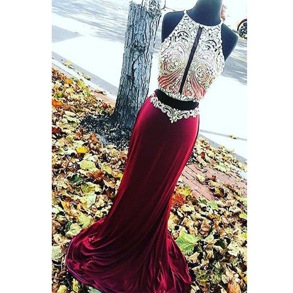 Burgundy Mermaid Two Pieces Sexy Open Back Beaded Long Prom Dresses, WG749 - Wish Gown