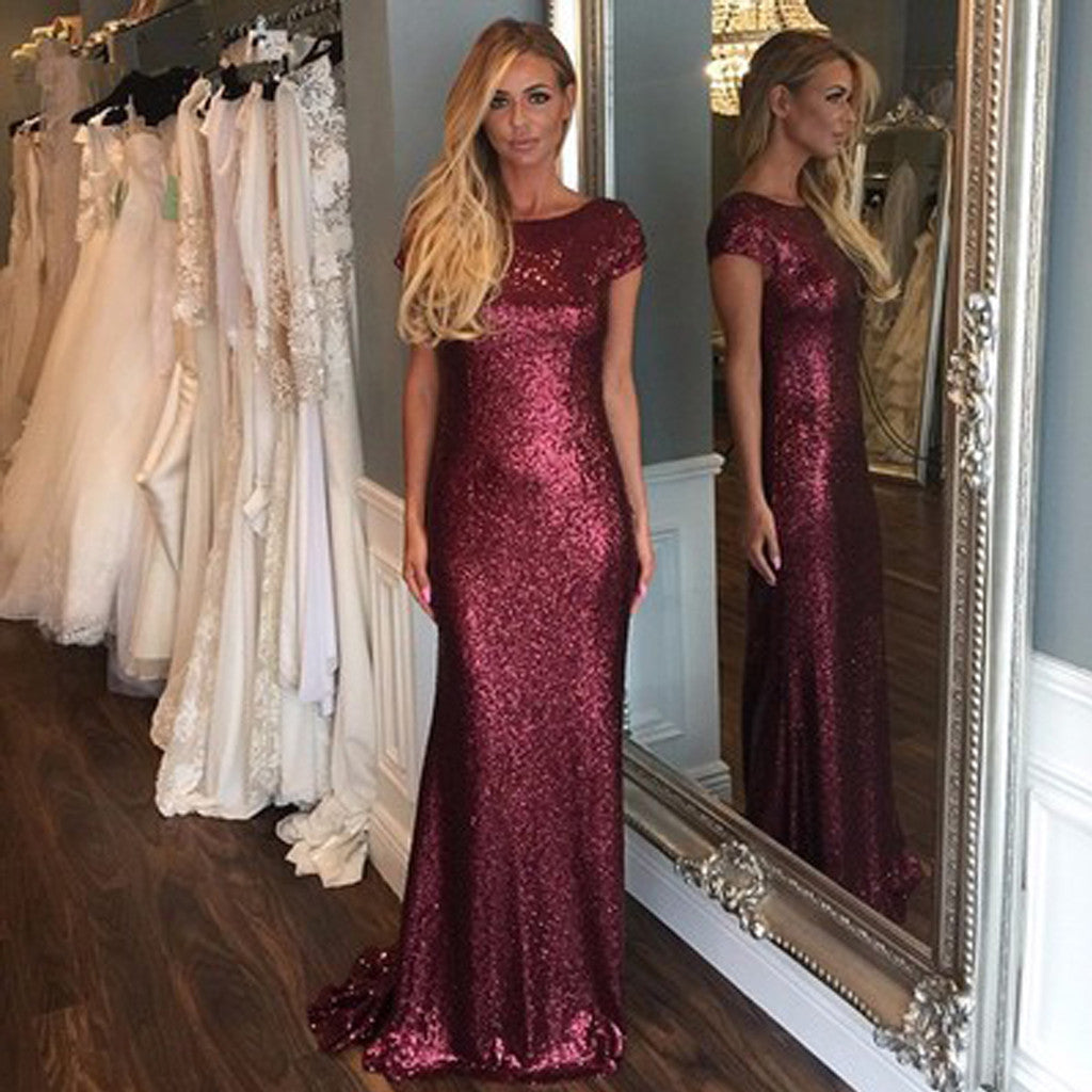 Short Sleeve Mermaid Sexy Pretty Women Sequin Custom Make Long Cheap Bridesmaid Dresses, WG75