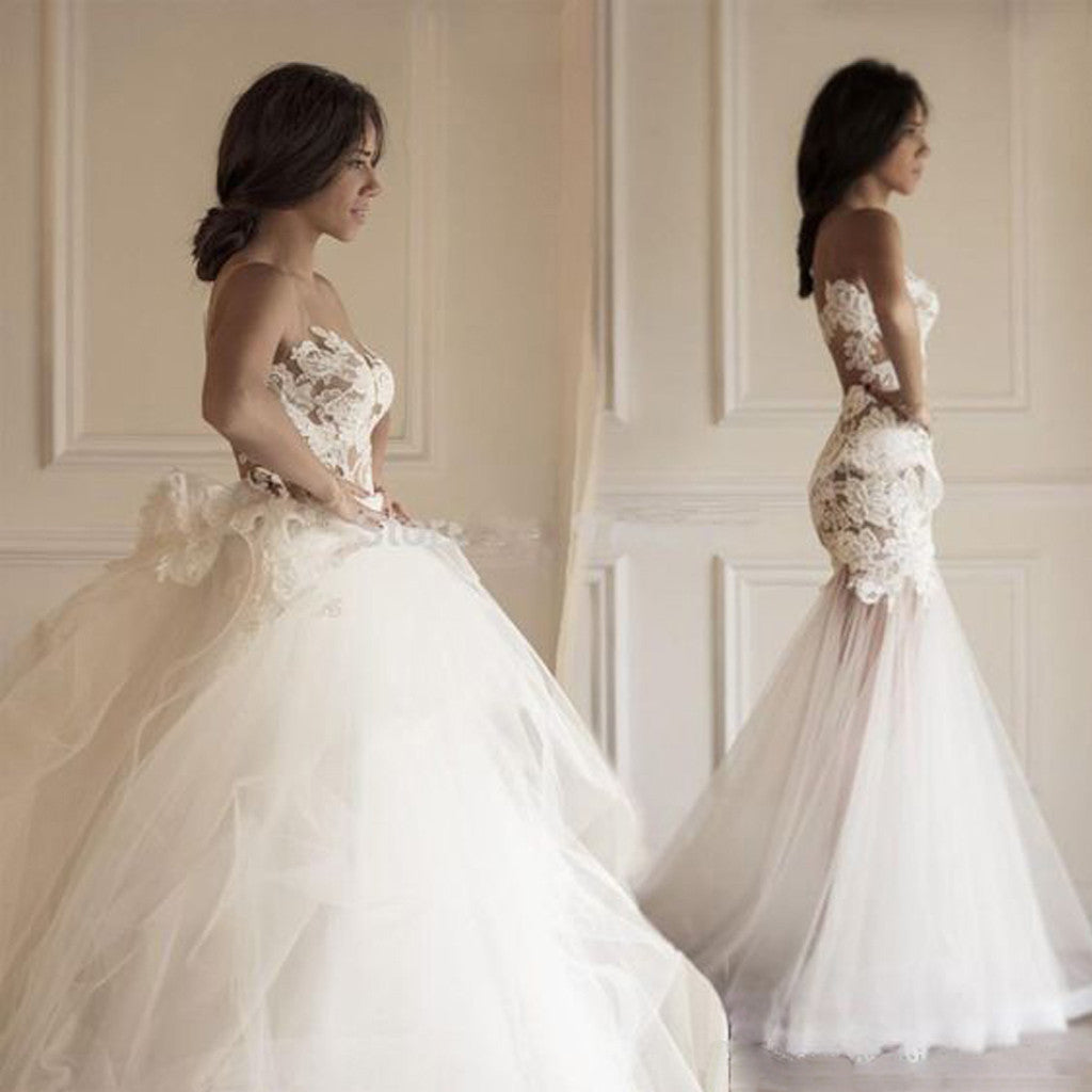 Two Pieces Strapless Gorgeous Lace Wedding Dresses, Mermaid Tulle Bridal Gown, WD0078