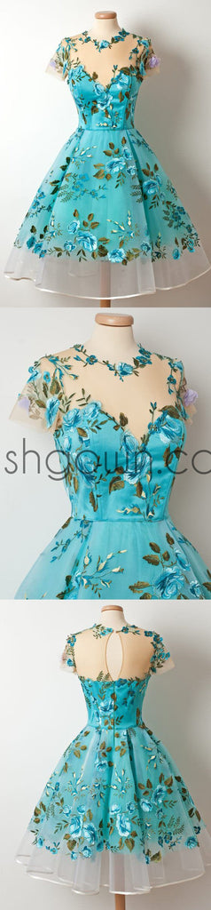 Short Sleeves Unique Applique Blue Short Homecoming Dresses, WG804