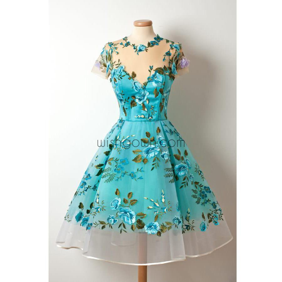 Short Sleeves Unique Applique Blue Short Homecoming Dresses, WG804