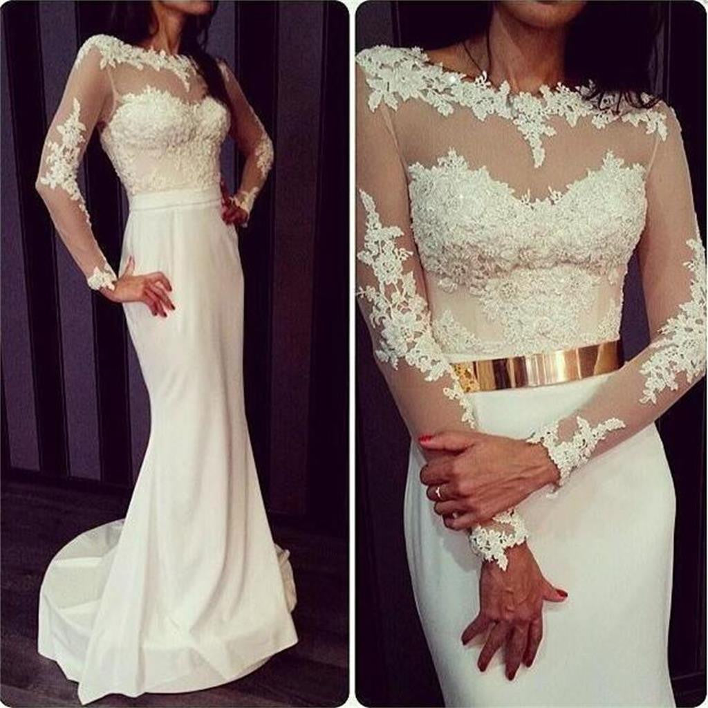 Newest White Long Sleeves Formal Sexy Charming Lace Open Back Prom Dresses Online, PD0118