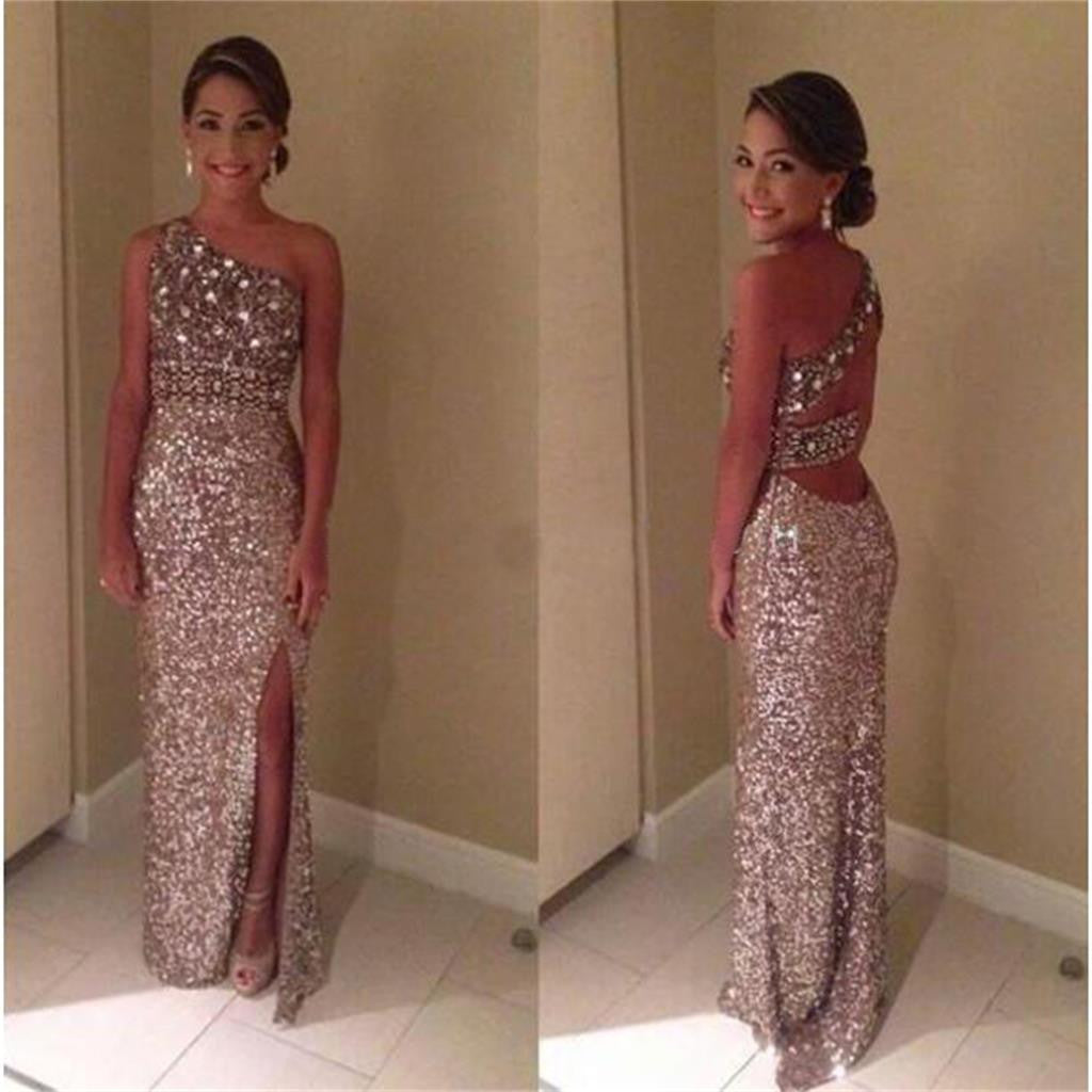 One Shoulder Sparkle Sequin Side Split Shinning Evening Party Long Prom Dress, PD0143