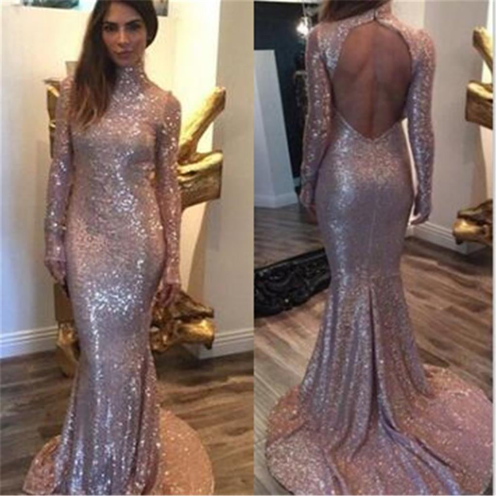 Long Sleeves Sequined High Neck Open Back Sexy Mermaid Inexpensive Evening Long Prom Dress, PD0174