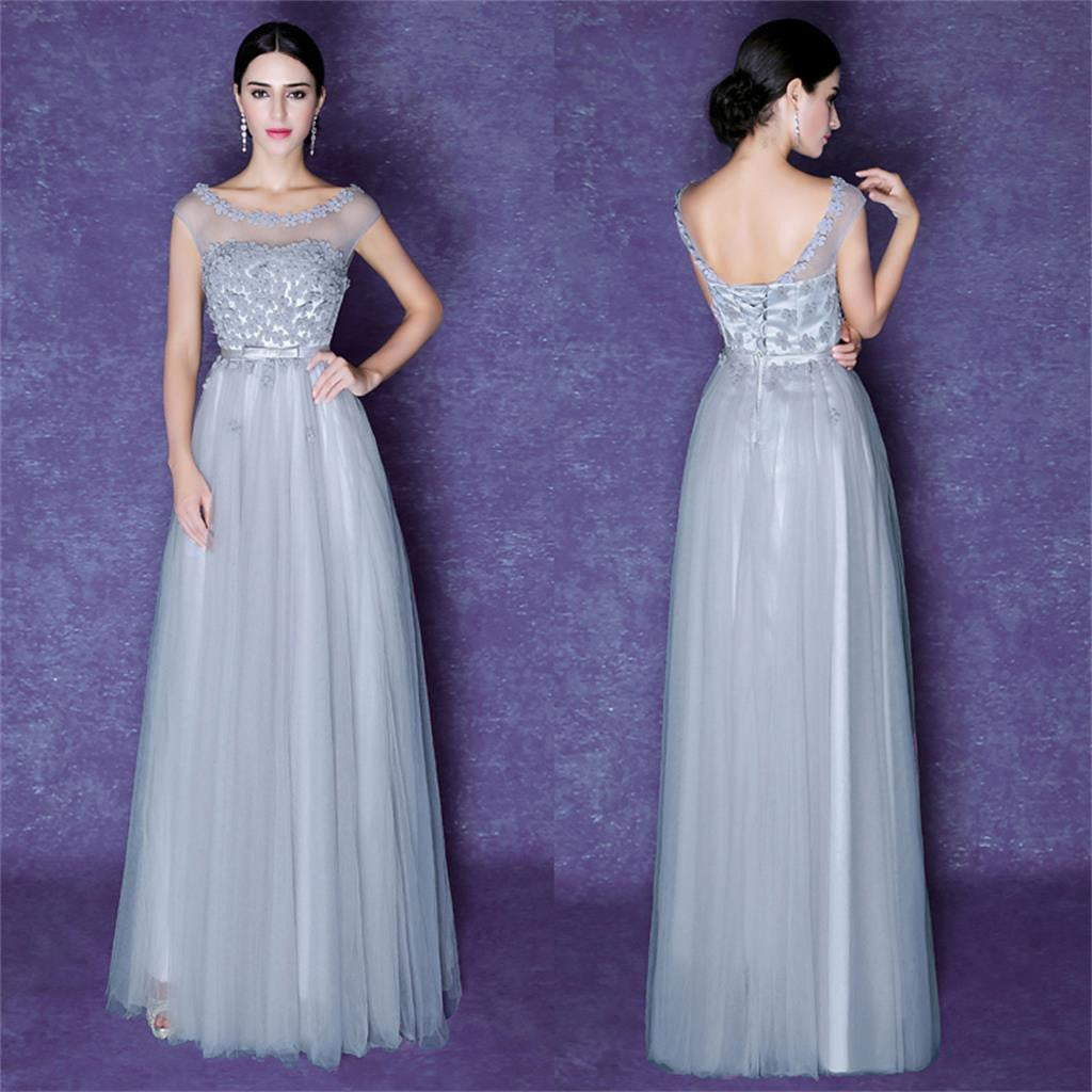 Tulle Scoop Gray Beautiful Cheap Bridesmaid Party Evening Long Prom Dress, PD0183