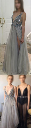 Tulle Sexy Deep V-Neck Side Split Charming New Arrival Evening Long Prom Dress, PD0185