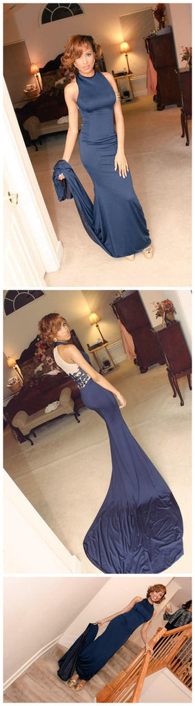 Simple High Neck Blue Mermaid Sexy Evening Party Discount Long Prom Dress, PD0192