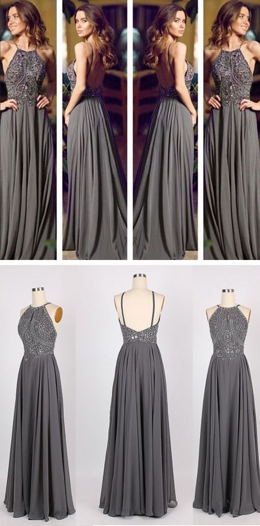 Long Gray Chiffon Popular Cheap Open Back Sexy Women Evening Prom Dresses, PD0032